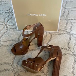 Michael Kors Brown Leather Gold Studded Heels; great condition with box!